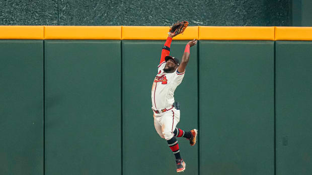 Jun 7, 2023; Cumberland, Georgia, USA; Atlanta Braves center fielder Michael Harris II (23) catches a ball hit by New York Mets left fielder Mark Canha (19) (not shown) during the eighth inning at Truist Park.